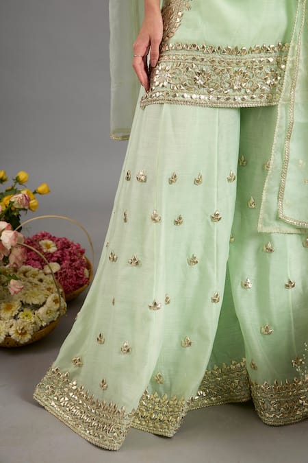 Buy saina kapoor Green Chanderi, Organza Sequins, Embroidery Round Neck Kurta Sharara Set Online at Aza Fashions Buy_saina kapoor_Green Chanderi, Organza Sequins, Embroidery Round Neck Kurta Sharara Set _Online_at_Aza_Fashions