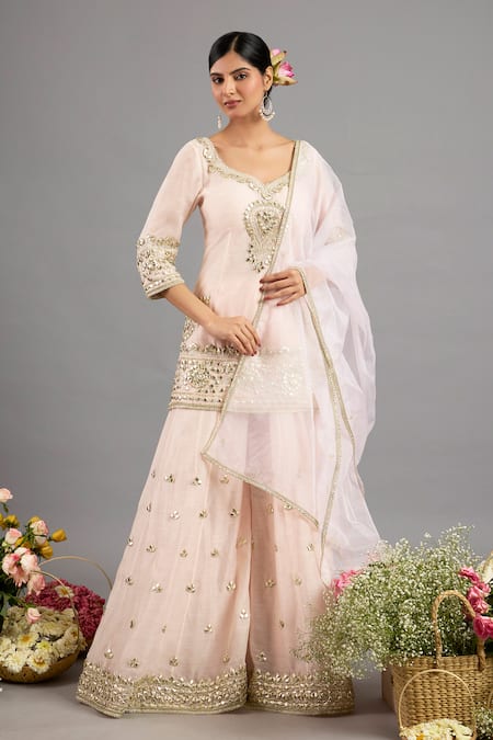 Saina Kapoor Peach Pink Embroidered Kurta Sharara Set 