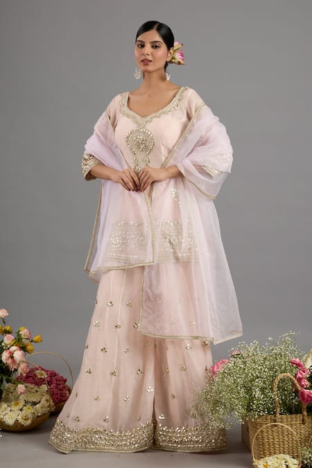 saina kapoor_Peach Chanderi, Organza Sequins, Beads, Embroidery Pink Kurta Sharara Set _Online_at_Aza_Fashions