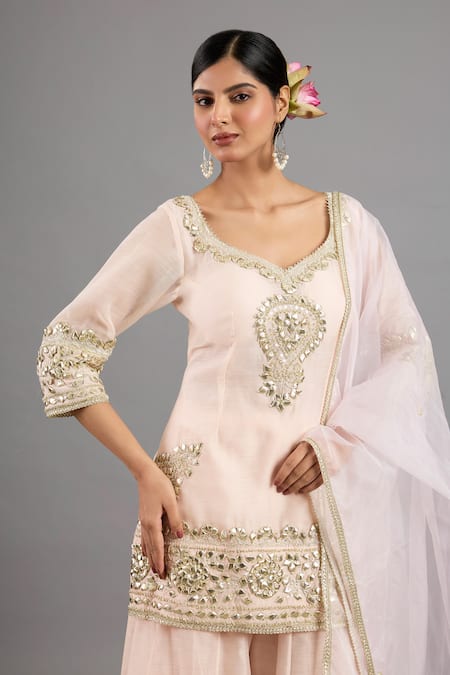 Buy_saina kapoor_Peach Chanderi, Organza Sequins, Beads, Embroidery Pink Kurta Sharara Set _Online_at_Aza_Fashions