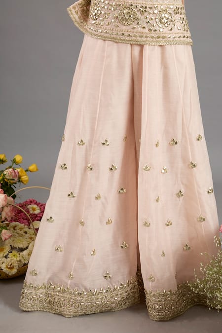 saina kapoor_Peach Chanderi, Organza Sequins, Beads, Embroidery Pink Kurta Sharara Set _at_Aza_Fashions