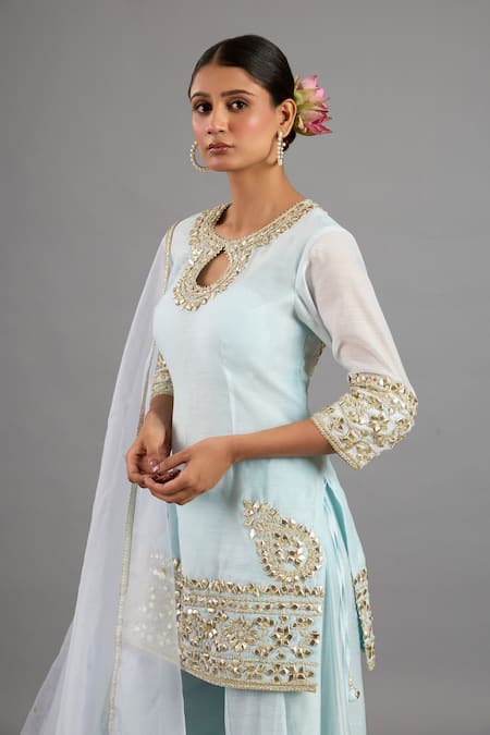 saina kapoor_Blue Chanderi, Organza Sequins, Zari Keyhole Designer Ice Kurta Sharara Set _Online_at_Aza_Fashions