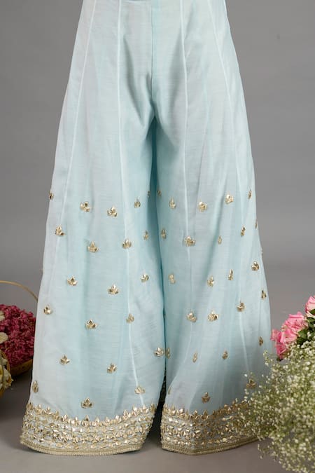 Buy_saina kapoor_Blue Chanderi, Organza Sequins, Zari Keyhole Designer Ice Kurta Sharara Set _Online_at_Aza_Fashions