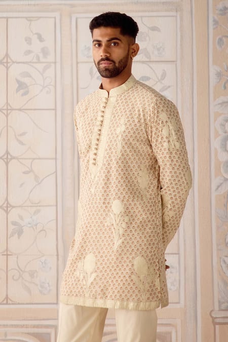 Shyam Narayan Prasad Antique White Silk Brocade Kurta & Pant Set 
