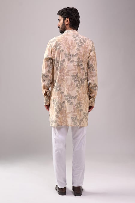 Shop_Spring Break_Cream Cotton, Linen Tropical Print Kurta Set _at_Aza_Fashions