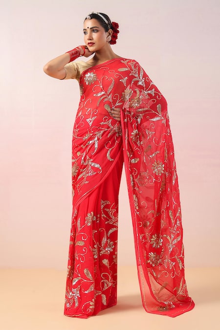Ruar India Sequin Bloom Jaal Embroidered Saree Set 