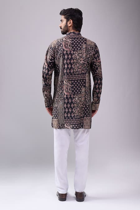 Shop_Spring Break_Black Cotton And Gold Paisley Print Kurta Set _at_Aza_Fashions