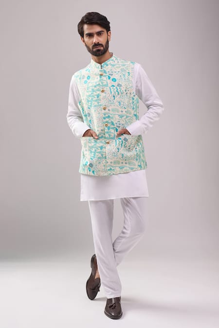 Spring Break Blue Satin, Embroidery Botanical Print Jacket Kurta Set 