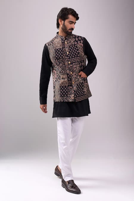 Spring Break White Satin, Embroidery Black And Gold Paisley Print Jacket Set 