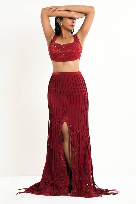 Aurouss_Red Organza, Satin, Twill, Spandex Embroidery, Beads, Sequins Scoop Lehenga Set _Online_at_Aza_Fashions