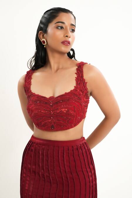 Buy_Aurouss_Red Organza, Satin, Twill, Spandex Embroidery, Beads, Sequins Scoop Lehenga Set _Online_at_Aza_Fashions