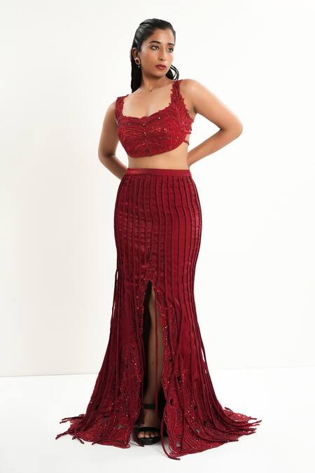 Shop_Aurouss_Red Organza, Satin, Twill, Spandex Embroidery, Beads, Sequins Scoop Lehenga Set _Online_at_Aza_Fashions