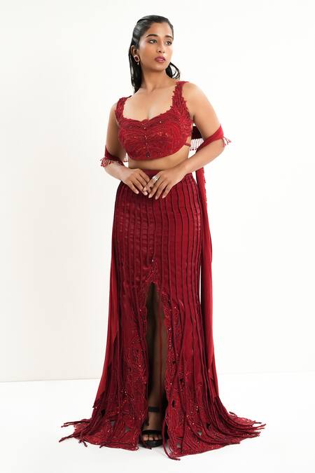 Aurouss_Red Organza, Satin, Twill, Spandex Embroidery, Beads, Sequins Scoop Lehenga Set _at_Aza_Fashions