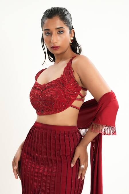 Buy_Aurouss_Red Organza, Satin, Twill, Spandex Embroidery, Beads, Sequins Scoop Lehenga Set 