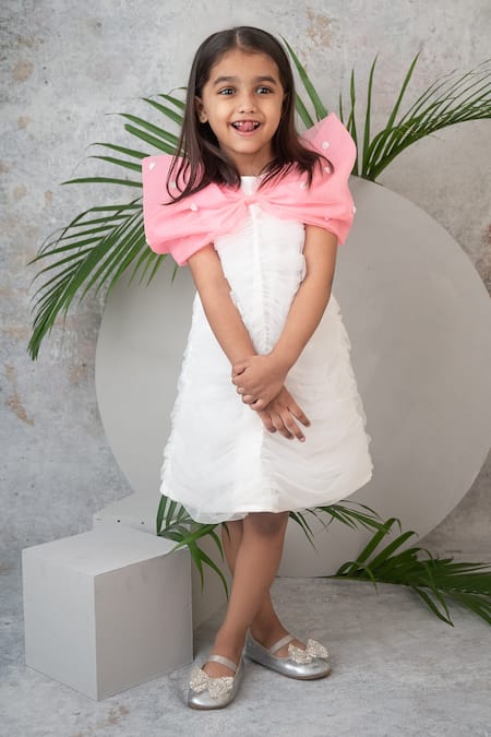 Label Neeti White Organza, Net, Lining Cotton Sequin Ruched Bow Dress 