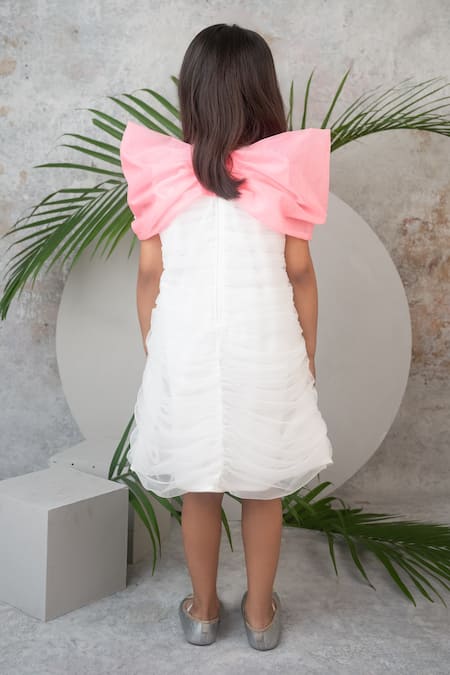 Shop Label Neeti White Organza, Net, Lining Cotton Sequin Ruched Bow Dress at Aza Fashions Shop_Label Neeti_White Organza, Net, Lining Cotton Sequin Ruched Bow Dress _at_Aza_Fashions