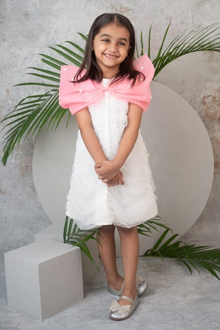 Label Neeti White Organza, Net, Lining Cotton Sequin Ruched Bow Dress Online at Aza Fashions Label Neeti_White Organza, Net, Lining Cotton Sequin Ruched Bow Dress _Online_at_Aza_Fashions