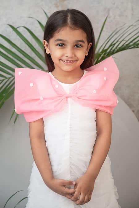 Shop Label Neeti White Organza, Net, Lining Cotton Sequin Ruched Bow Dress Online at Aza Fashions Shop_Label Neeti_White Organza, Net, Lining Cotton Sequin Ruched Bow Dress _Online_at_Aza_Fashions