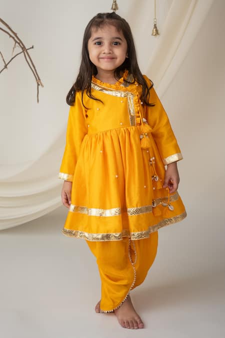 Label Neeti Yellow Dola Silk, Lining Cotton Gota, Embellished Angarkha And Dhoti Pant Set 