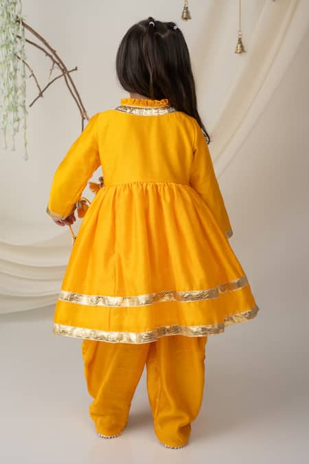 Shop Label Neeti Yellow Dola Silk, Lining Cotton Gota, Embellished Angarkha And Dhoti Pant Set at Aza Fashions Shop_Label Neeti_Yellow Dola Silk, Lining Cotton Gota, Embellished Angarkha And Dhoti Pant Set _at_Aza_Fashions