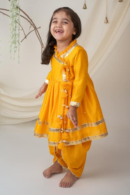Label Neeti Yellow Dola Silk, Lining Cotton Gota, Embellished Angarkha And Dhoti Pant Set Online at Aza Fashions Label Neeti_Yellow Dola Silk, Lining Cotton Gota, Embellished Angarkha And Dhoti Pant Set _Online_at_Aza_Fashions