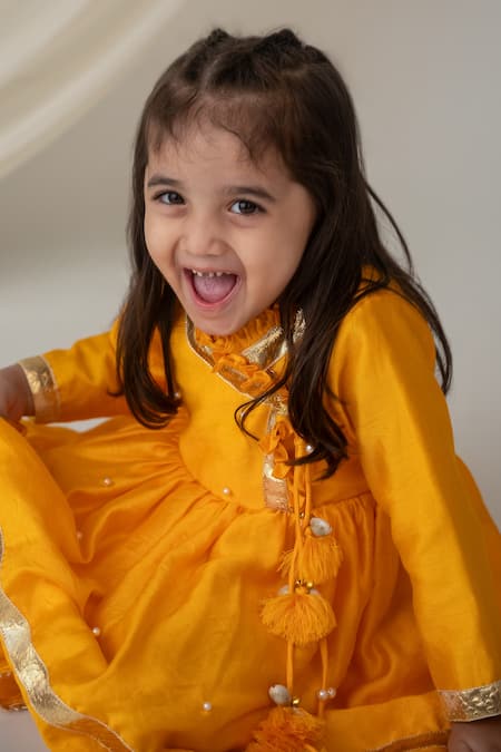 Buy Label Neeti Yellow Dola Silk, Lining Cotton Gota, Embellished Angarkha And Dhoti Pant Set Online at Aza Fashions Buy_Label Neeti_Yellow Dola Silk, Lining Cotton Gota, Embellished Angarkha And Dhoti Pant Set _Online_at_Aza_Fashions