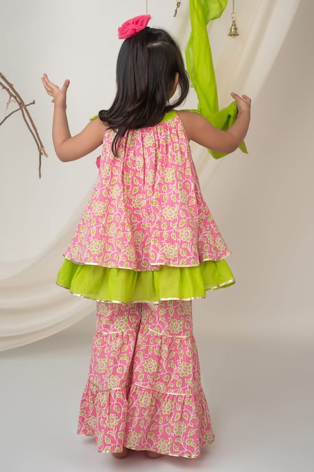 Shop Label Neeti Pink Cotton Tassels Floral Printed Kurta Sharara Set at Aza Fashions Shop_Label Neeti_Pink Cotton Tassels Floral Printed Kurta Sharara Set _at_Aza_Fashions