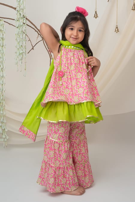 Label Neeti Pink Cotton Tassels Floral Printed Kurta Sharara Set Online at Aza Fashions Label Neeti_Pink Cotton Tassels Floral Printed Kurta Sharara Set _Online_at_Aza_Fashions