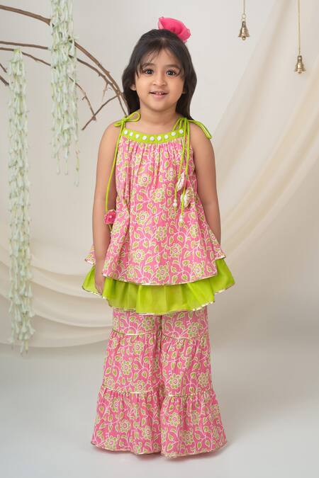 Shop Label Neeti Pink Cotton Tassels Floral Printed Kurta Sharara Set Online at Aza Fashions Shop_Label Neeti_Pink Cotton Tassels Floral Printed Kurta Sharara Set _Online_at_Aza_Fashions