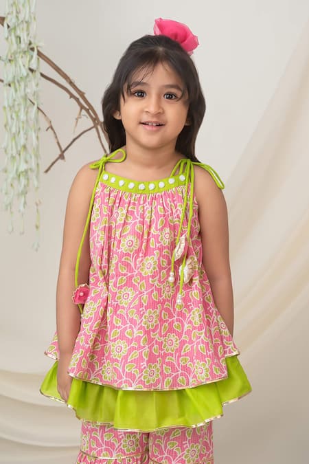 Label Neeti Pink Cotton Tassels Floral Printed Kurta Sharara Set at Aza Fashions Label Neeti_Pink Cotton Tassels Floral Printed Kurta Sharara Set _at_Aza_Fashions