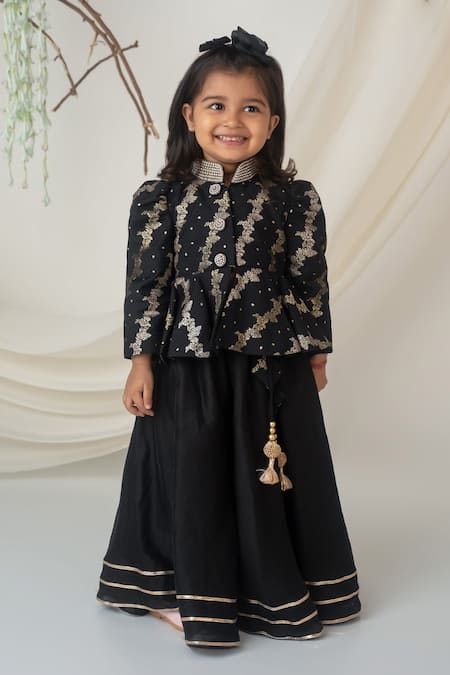 Label Neeti Black Chanderi, Lining Cotton, Silk Brocade Woven Peplum Blouse With Lehenga 