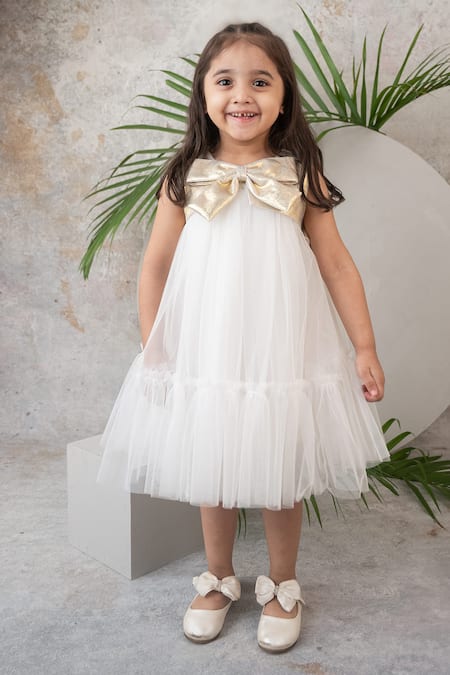 Label Neeti Gold Net, Lurex, Lining Cotton Plain Layered Bow Dress