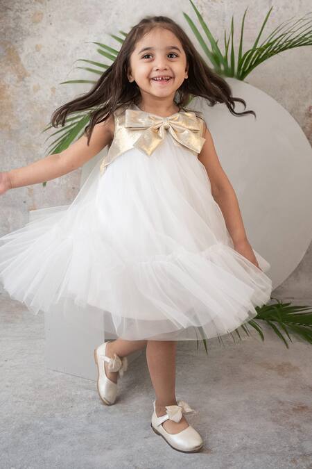 Label Neeti Gold Net, Lurex, Lining Cotton Plain Layered Bow Dress Online at Aza Fashions Label Neeti_Gold Net, Lurex, Lining Cotton Plain Layered Bow Dress _Online_at_Aza_Fashions