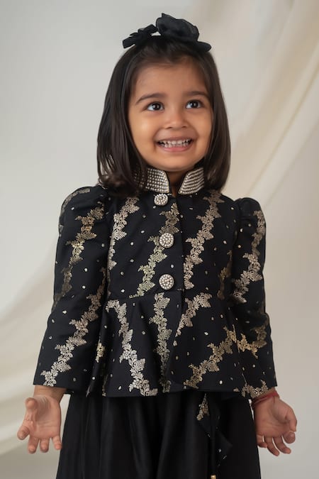 Buy_Label Neeti_Black Chanderi, Lining Cotton, Silk Brocade Woven Peplum Blouse With Lehenga _Online_at_Aza_Fashions