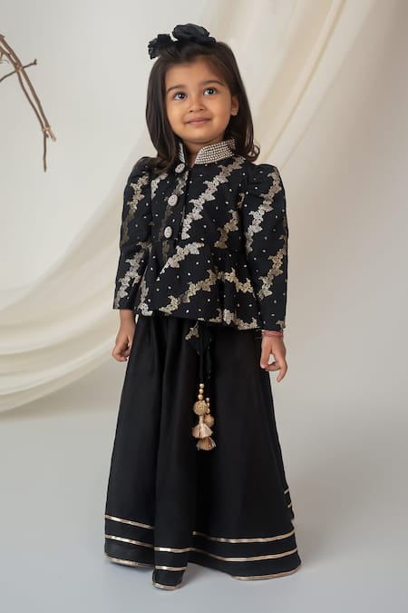 Shop_Label Neeti_Black Chanderi, Lining Cotton, Silk Brocade Woven Peplum Blouse With Lehenga _Online_at_Aza_Fashions