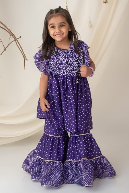 Label Neeti Purple Muslin, Cotton Embroidery, Ruffles Bandhani Print Top With Sharara 