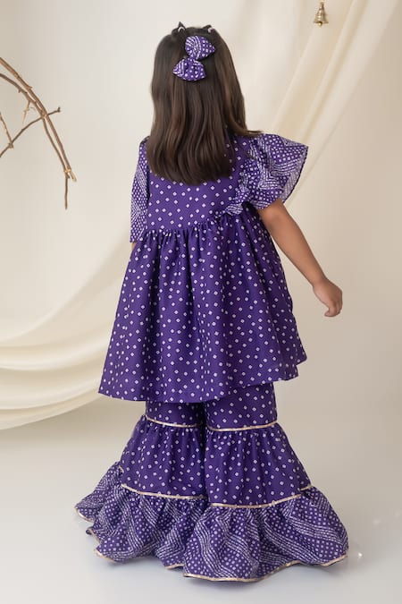 Shop Label Neeti Purple Muslin, Cotton Embroidery, Ruffles Bandhani Print Top With Sharara at Aza Fashions Shop_Label Neeti_Purple Muslin, Cotton Embroidery, Ruffles Bandhani Print Top With Sharara _at_Aza_Fashions