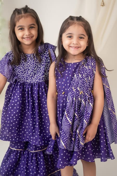 Label Neeti Purple Muslin, Cotton Embroidery, Ruffles Bandhani Print Top With Sharara Online at Aza Fashions Label Neeti_Purple Muslin, Cotton Embroidery, Ruffles Bandhani Print Top With Sharara _Online_at_Aza_Fashions