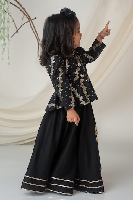 Label Neeti_Black Chanderi, Lining Cotton, Silk Brocade Woven Peplum Blouse With Lehenga _at_Aza_Fashions