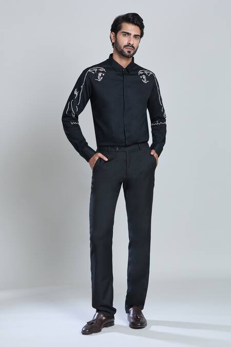 Shop_Sanjana Reddy Designs_Black Embroidery Placement Shirt_Online_at_Aza_Fashions