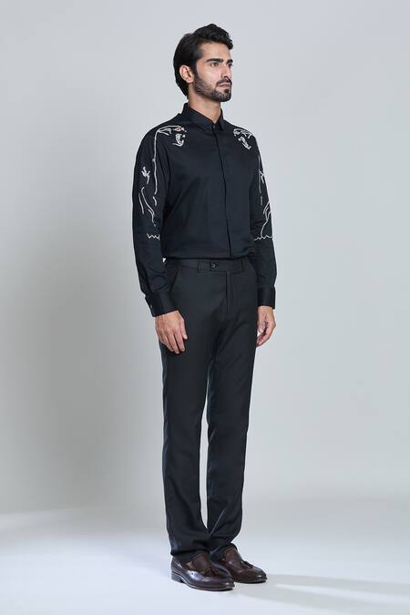 Sanjana Reddy Designs_Black Embroidery Placement Shirt_at_Aza_Fashions