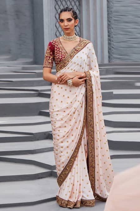 Shop Jigar Mali Maroon Raw Silk And Georgette Lining Embroidered Saree With Blouse at Aza Fashions Shop_Jigar Mali_Maroon Raw Silk And Georgette Lining Embroidered Saree With Blouse _at_Aza_Fashions