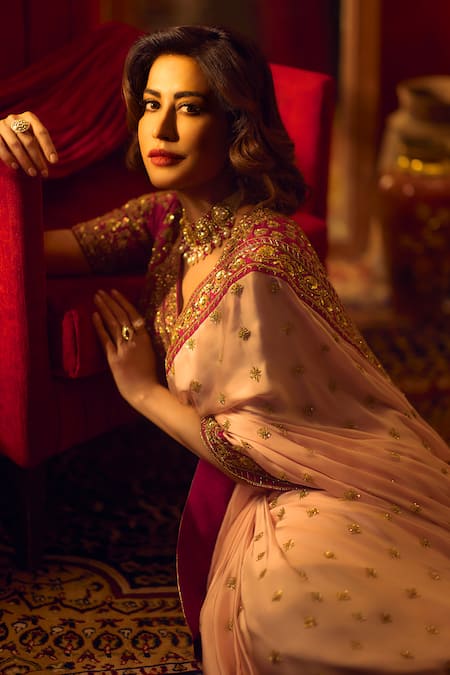 Buy Jigar Mali Maroon Raw Silk And Georgette Lining Embroidered Saree With Blouse Online at Aza Fashions Buy_Jigar Mali_Maroon Raw Silk And Georgette Lining Embroidered Saree With Blouse _Online_at_Aza_Fashions