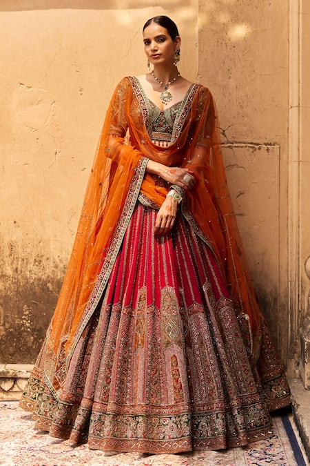 Shop_Roqa_Red Silk, Net Diamonds, Embroidery, Crystals Mariyam Raw Bridal Lehenga Set _Online_at_Aza_Fashions