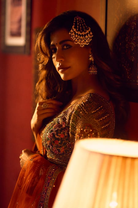 Roqa_Red Silk, Net Diamonds, Embroidery, Crystals Mariyam Raw Bridal Lehenga Set _at_Aza_Fashions