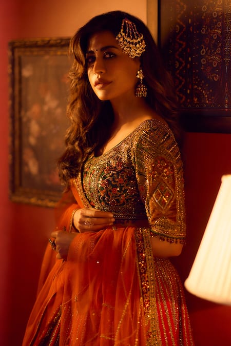 Buy_Roqa_Red Silk, Net Diamonds, Embroidery, Crystals Mariyam Raw Bridal Lehenga Set 