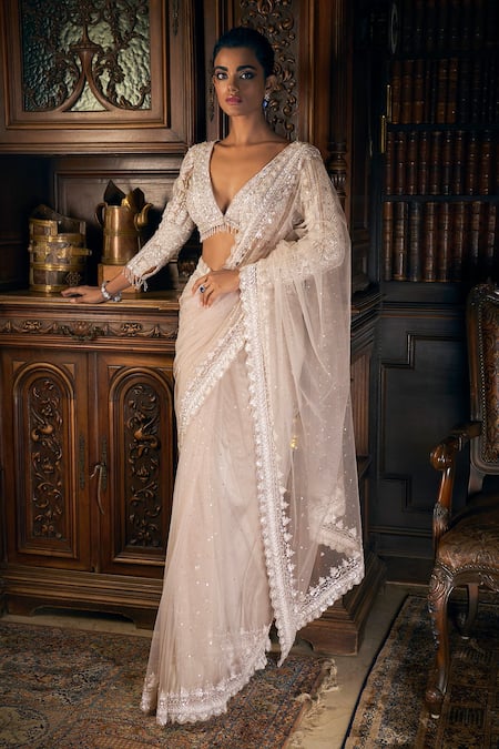 Shop_Seema Gujral_Beige Net Sequins, Crystals, Tassels Plunge Neck Embroidered Saree Set _Online_at_Aza_Fashions