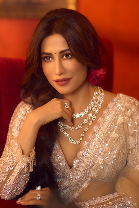 Buy_Seema Gujral_Beige Net Sequins, Crystals, Tassels Plunge Neck Embroidered Saree Set 