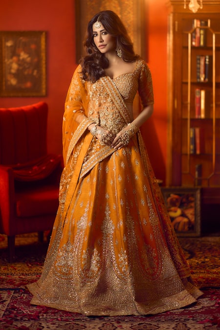 Azeera Orange Silk Embroidery, Sequins, Zari Apoorva Floral Zardozi Bridal Lehenga Set 