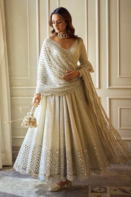 Shop_Abhinav Mishra_Ivory Net Mirrors V-neck Linear Embroidered Anarkali Set 